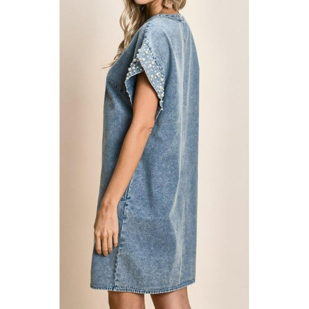 LALA Factory Ladies Denim Dress with Pearl and Stud details Size Large - Picture 4 of 13